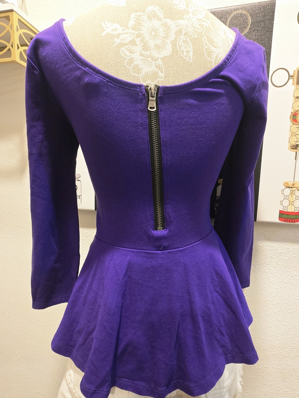 Women's Purple 3/4-Sleeve Peplum Top with Back Zip